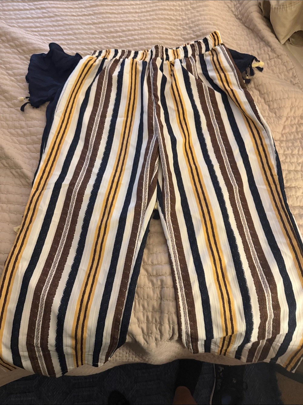Navy Tassel Trim Off-Shoulder Top Striped Wide Legged Pants - Picture 3 of 5